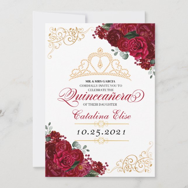 Elegant Red Floral Quinceanera Birthday Einladung (Vorderseite)