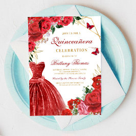 Elegant Red Floral Quinceañera Invitation Einladung