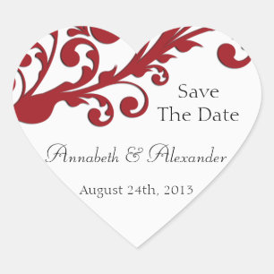 Elegant Red Floral Save the Date Herz-Aufkleber