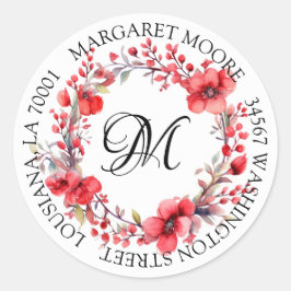 Elegant Red Floral Script Monogram Address Runder Aufkleber