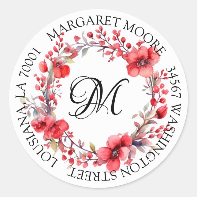 Elegant Red Floral Script Monogram Address Runder Aufkleber (Vorderseite)