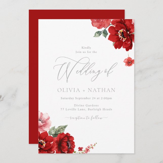 Elegant Red Floral Wedding Einladung (Vorne/Hinten)