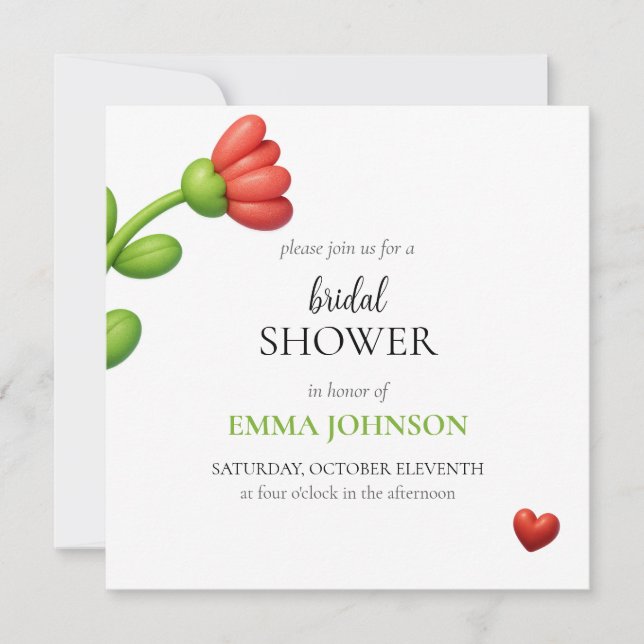 Elegant Red Flower & Heart Bridal Shower Einladung (Vorderseite)