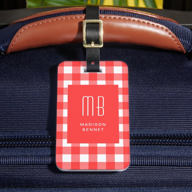 Elegant Red Gingham Monogram Gepäckanhänger (Vorderseite Insitu 2)
