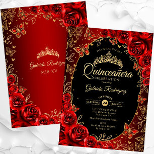 Elegant Red Gold Black Quinceanera Einladung