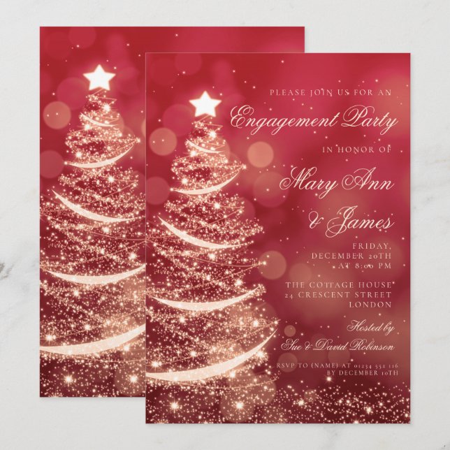 Elegant Red & Gold Christmas Engagement Party Einladung (Vorne/Hinten)