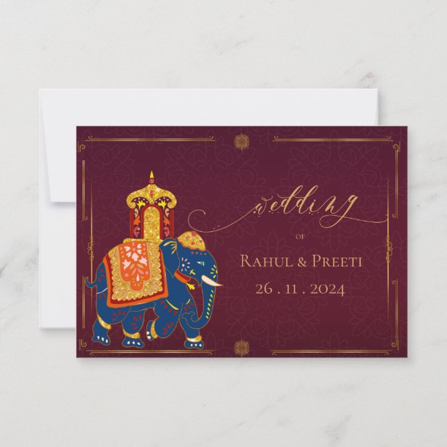 Elegant Red Gold Elephant Vibraning Indian Wedding RSVP Karte (Rückseite)