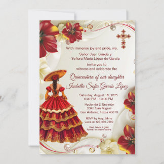 Elegant Red Gold Floral Charra Quinceanera Einladung