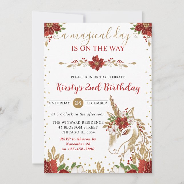 Elegant Red & Gold Floral Unicorn Birthday Party Einladung (Vorderseite)