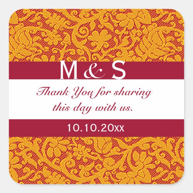 Elegant Red Gold Floral Wedding Monogram Vielen Da Quadratischer Aufkleber (Vorderseite)