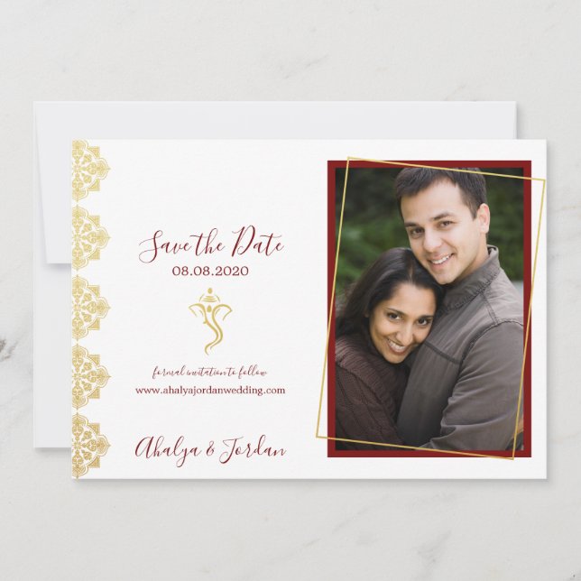 Elegant Red & Gold Ganesha & Mehndi Save the Date (Vorderseite)