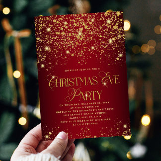 Elegant Red & Gold Glitter Christmas Eve Party Einladung