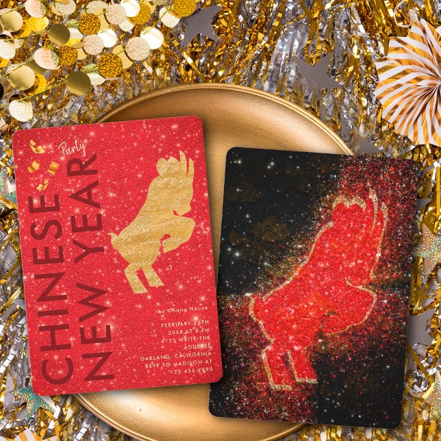 Elegant Red Gold Glitter Goat Lunar New Year Party Einladung (Von Creator hochgeladen)