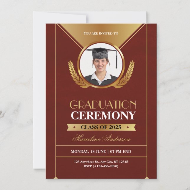 Elegant Red Gold Graduation Ceremony Invite (Vorderseite)