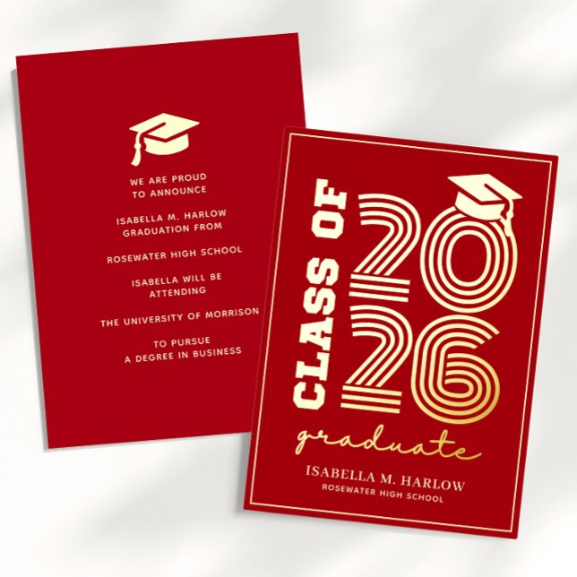 Elegant Red Gold Graduation YY Announcement Folieneinladung (Von Creator hochgeladen)