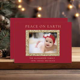 Elegant Red Gold Joy Christmas Foto Peace Earth Feiertagskarte