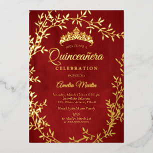 Elegant Red Gold Leaf Wreath Quinceanera Folieneinladung