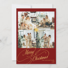 Elegant Red & Gold Merry Christmas Family Photo - Feiertagskarte