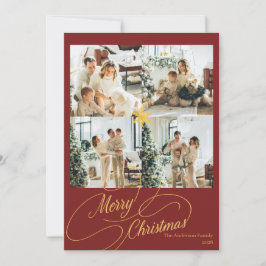 Elegant Red & Gold Merry Christmas Family Photo - Feiertagskarte