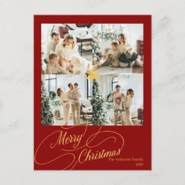 Elegant Red & Gold Merry Christmas Family Photo - Feiertagspostkarte