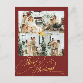 Elegant Red & Gold Merry Christmas Family Photo - Feiertagspostkarte