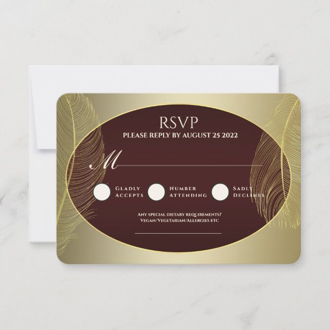 Elegant Red Gold Oval Feather RSVP Card Karte (Vorderseite)
