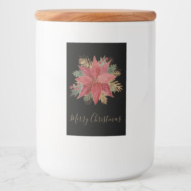 Elegant Red Gold Poinsettia Blume Frohe Weihnachte Lebensmitteletikett (Vorderseite)