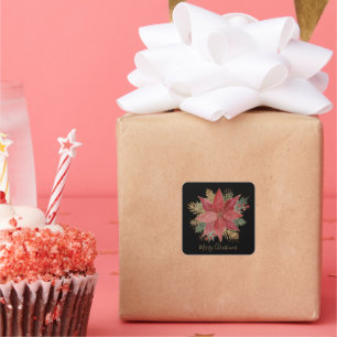 Elegant Red Gold Poinsettia Blume Frohe Weihnachte Quadratischer Aufkleber