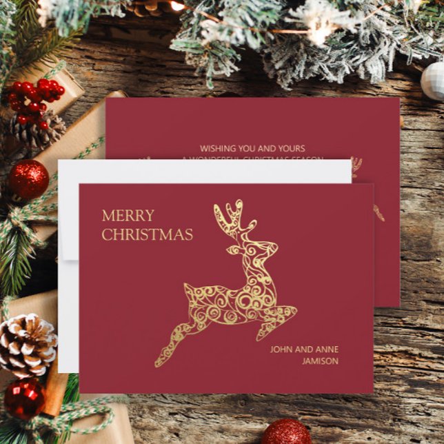 Elegant Red Gold Rentier Frohe Weihnachten (Red and gold reindeer Christmas greeting card personalized with your own text.)