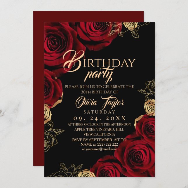 Elegant Red Gold Roses Birthday Party Einladung (Vorne/Hinten)