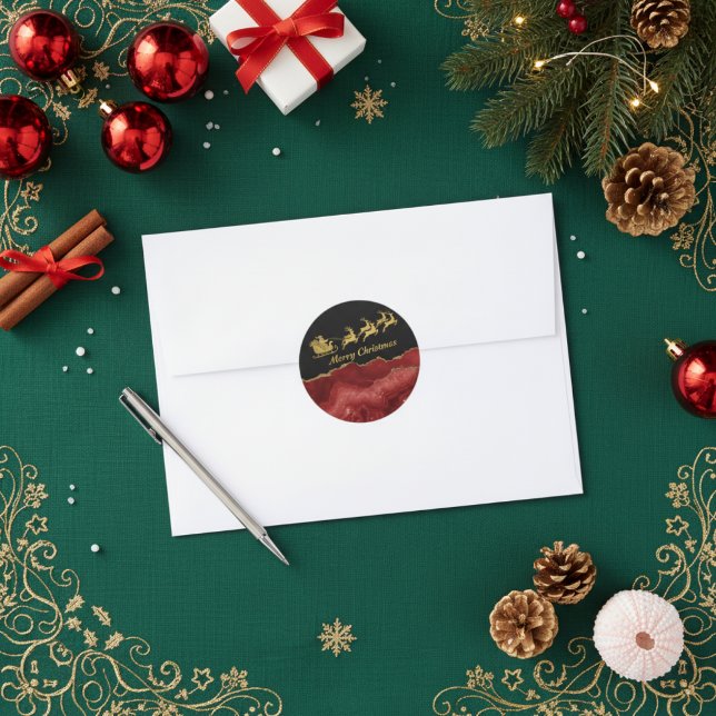 Elegant Red Gold Santa Sleigh Merry Christmas  Runder Aufkleber (Von Creator hochgeladen)