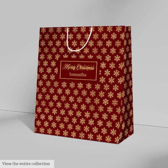 Elegant Red Gold Snowflakes Christmas Gift Bag Mittlere Geschenktüte (Elegant Red Gold Snowflakes Christmas Gift Bag)