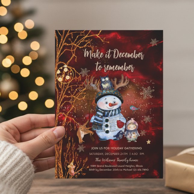 Elegant Red Gold Snowman & Characters Christmas Einladung (Elegant Red Gold Snowman & Characters Christmas Invitation)