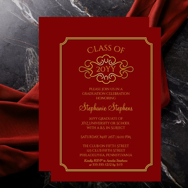 Elegant Red | Gold Uni-Abschluss Party Einladung (Elegant Red and Gold Tone College | University Graduation Announcement and Party Invitation)