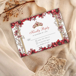 Elegant Red Golden Tiara Floral Quinceañera RSVP Karte