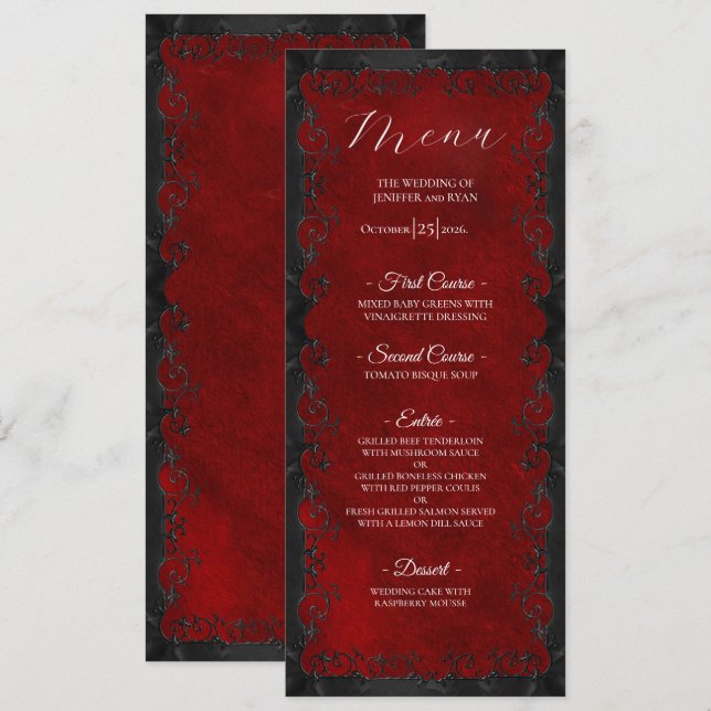 Elegant red Gothic Wedding Menu Menükarte (Vorne/Hinten)