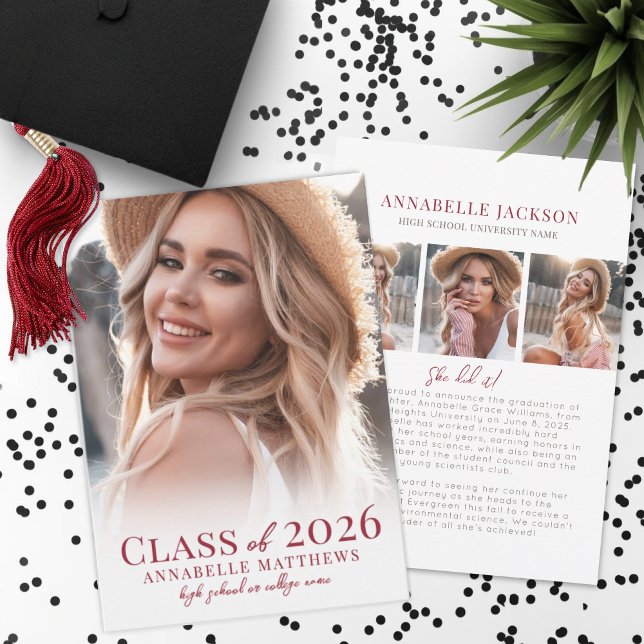 Elegant Red Graduate Photo Graduation Ankündigung (Elegant Red Graduate Photo Collage Graduation Announcement)