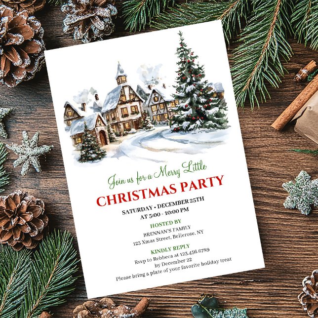 Elegant red green festive city Christmas party   Einladung (Elegant red green festive city Christmas party invite)