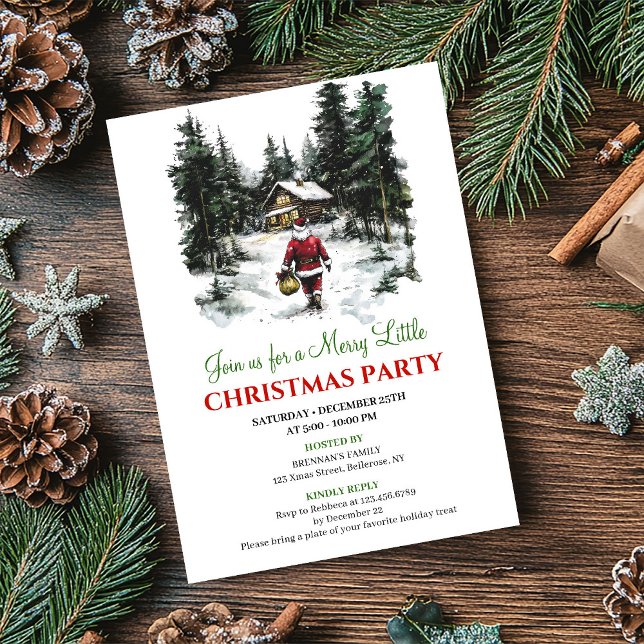 Elegant Red Green Holiday Scene Christmas Invite Einladung (Elegant Red Green Holiday Scene Christmas Invite)