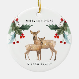 ELEGANT RED GREEN HOLLY BERRY DEER DUO CHRISTMAS KERAMIK ORNAMENT