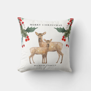 ELEGANT RED GREEN HOLLY BERRY DEER DUO CHRISTMAS KISSEN