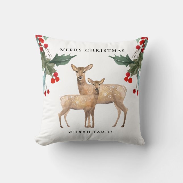 ELEGANT RED GREEN HOLLY BERRY DEER DUO CHRISTMAS KISSEN (Vorderseite)