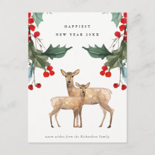 ELEGANT RED GREEN HOLLY BERRY DEER DUO NEW YEY POSTKARTE