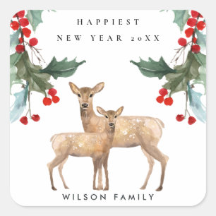 ELEGANT RED GREEN HOLLY BERRY DEER DUO NEW YEY QUADRATISCHER AUFKLEBER