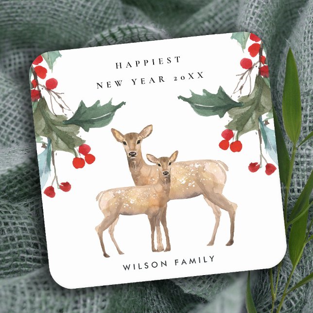 ELEGANT RED GREEN HOLLY BERRY DEER DUO NEW YEY RECHTECKIGER PAPPUNTERSETZER (Von Creator hochgeladen)