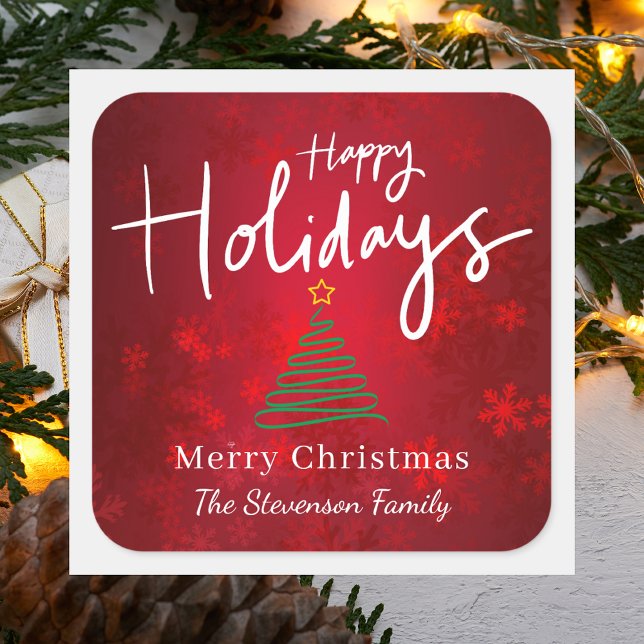 Elegant Red Happy Holidays Weihnachten Quadratischer Aufkleber (Von Creator hochgeladen)