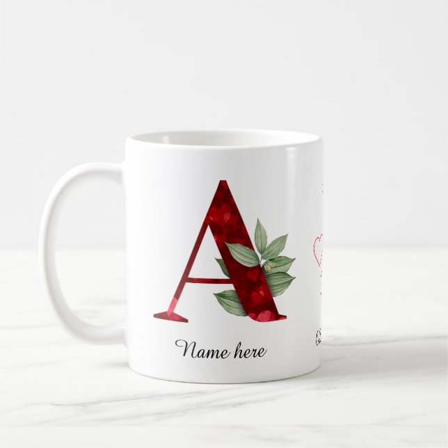 Elegant Red Heart Floral Letter A Initial Mug Kaffeetasse (Links)