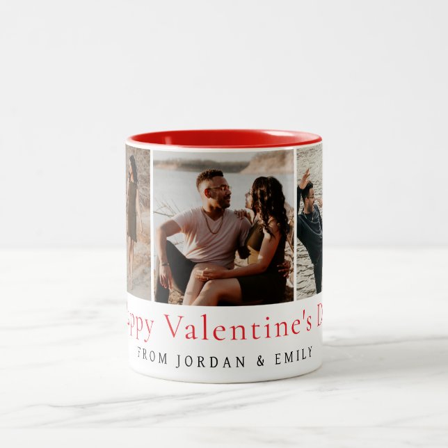 Elegant Red Hearts Happy Valentine's Day 3 Photo Zweifarbige Tasse (Mittel)
