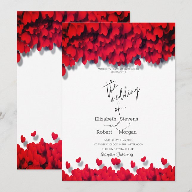 Elegant Red Hearts Wedding Einladung (Vorne/Hinten)