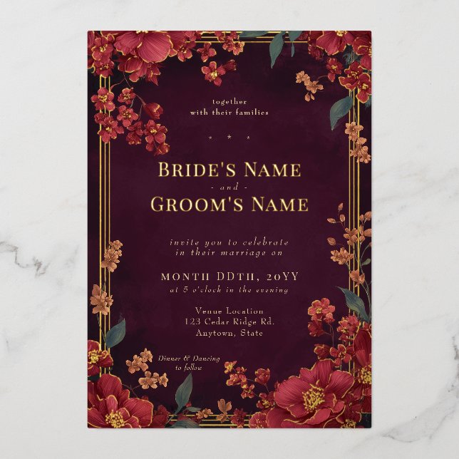 Elegant Red Jewel Tone Floral Wedding Folieneinladung (Vorderseite)